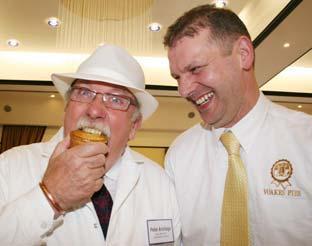 Great Yorkshire supreme and reserve champion pie-maker Andrew Voakes, right, of Voakes Pies, with celebrity judge Peter Armitage, who plays Bill Webster in Coronation Street